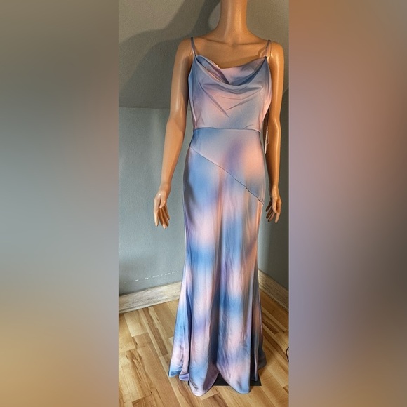 Liv Foster Pastel Tie Dye Satin Cowl Neck Gown Size 10 NWT - Picture 3 of 5